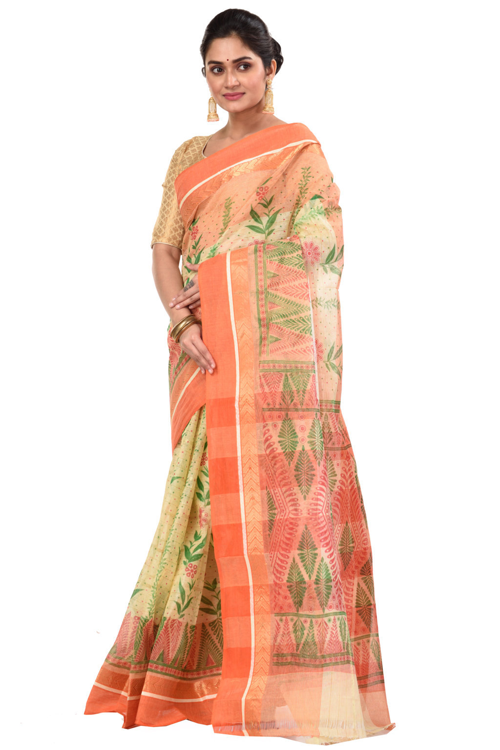 Orange Pure Cotton Lata Pata Tant Saree Print (436)
